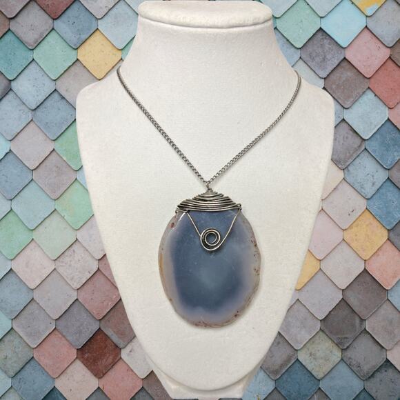 Handmade Jewelry - Gray Agate Natural Slice Wire Wrapped Pendant Boho Hippie Long Necklace 30”